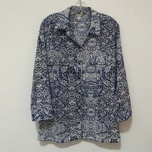White Stag Blue Floral Boho Button Up 3/4 Sleeve Blouse Womens XL Chic